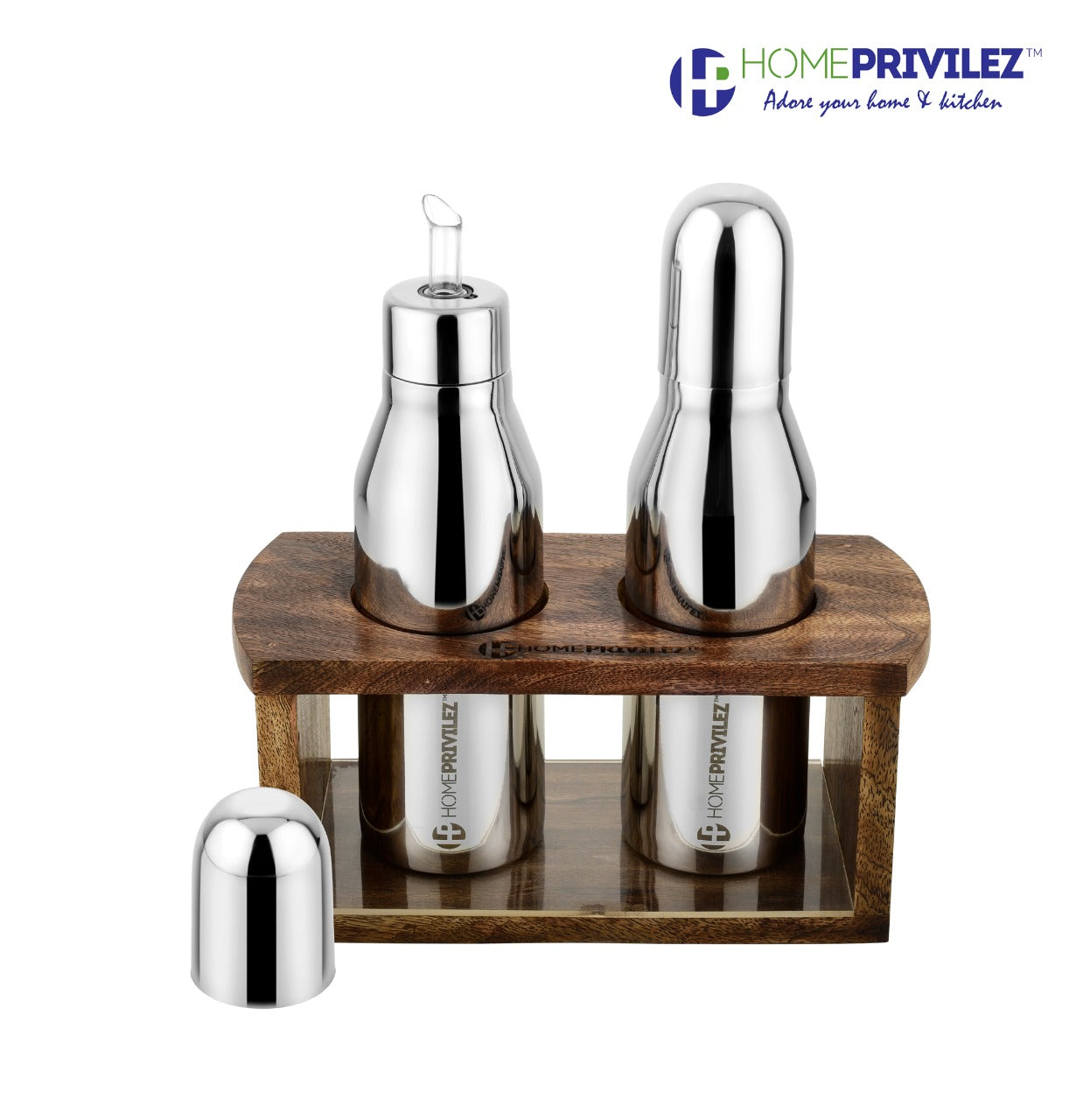 Oil Dispenser (Set of 2) with Handcrafted wooden Stand